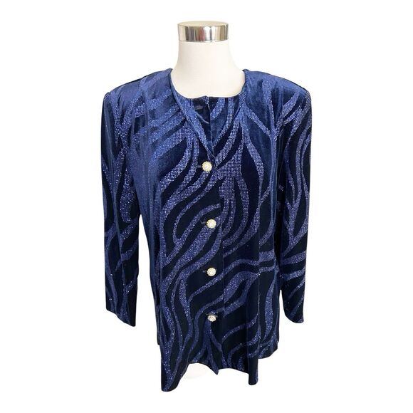 R & M RICHARDS KAREN KWONG  VTG Jacket Black Velvet Blue Glitter Petite READ - Picture 1 of 3
